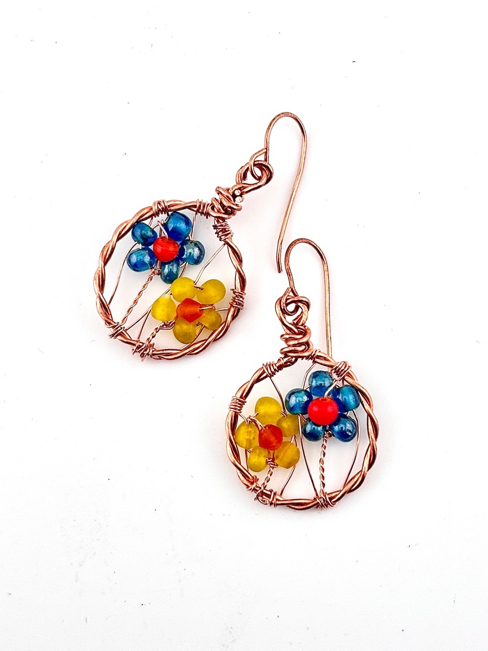 HANDMADE Colorful Floral Copper Wire Wrap Dangle Earrings, Artisan Jewelry Gift